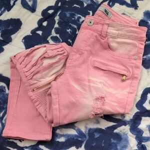 Pink Distressed Skinny Moto Jeans w/ Gold Zippers